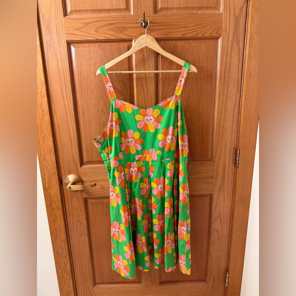 Modcloth Bright Green Cat/Flower Mini Dress